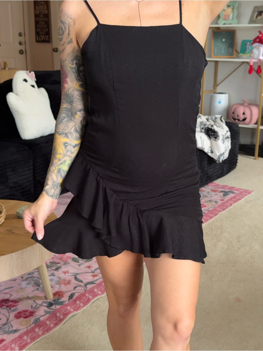 Spaghetti Strap Black Mini Dress with Ruffle Hem